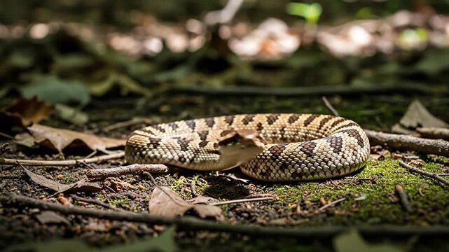 Serene forest encounter with a basking Southern Hognose snake in sunlight
