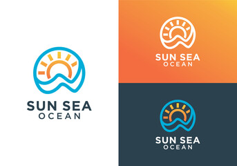 Ocean wave vector logo design template with simple line design style. Simple ocean logo vector with sunrise or sunset combination.