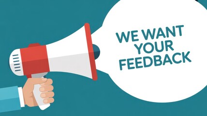 Feedback Amplified: A hand firmly grips a megaphone, with a speech bubble proclaiming, “We Want Your Feedback,” symbolizing open communication and soliciting input.
