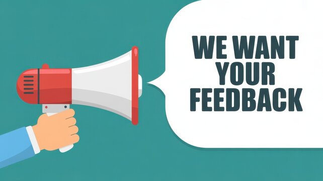 Feedback Requested: A hand holding a megaphone, conveying the clear message of seeking constructive insight and user opinions.