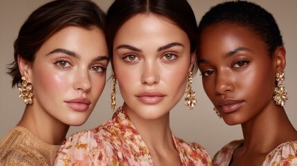 Three diverse women showcase their unique beauty with elegant earrings and coordinated outfits