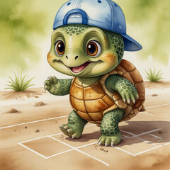 watercolor illustration of turtle wearing a baseball cap, playing hopscotch with chalk numbers on the ground