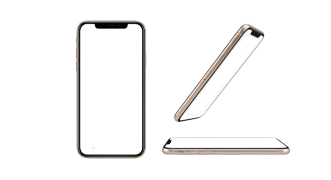 Modern smartphone with blank screen, isolated on transparent background