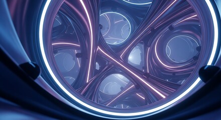 Abstract futuristic tunnel with glowing neon lines and interwoven geometric patterns creating a sense of depth and motion.