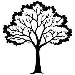 Stylized black tree with intricate branches and leafy canopy silhouette isolated on white background