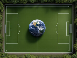 Earth as a soccer ball on a green football field