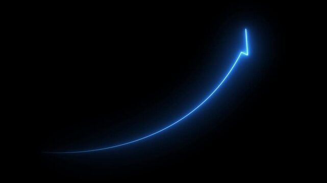 Abstract glowing neon swipe arrow. 4k animation. Down to up neon line arrow direction animation. Neon line raising business arrow on black background.