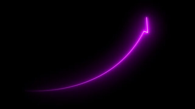 Abstract glowing neon swipe arrow. 4k animation. Down to up neon line arrow direction animation. Neon line raising business arrow on black background.