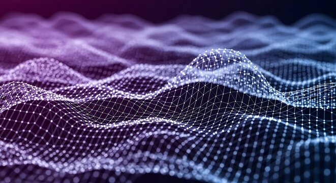 Abstract digital network of glowing particles forming a wavy surface with a dark background.