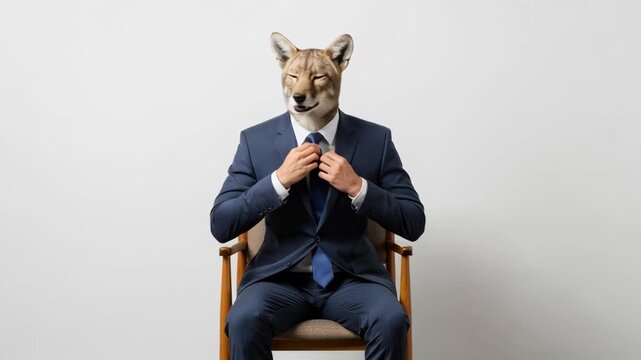 Clever coyote in sharp blue suit adjusts tie, ready for business meeting, conveying cunning and professionalism in a dynamic office setting.