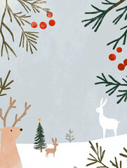 Minimalist Christmas illustration with deer, hare, and pine branches. Soft colors, red berries, and snowy landscape evoke Nordic charm and gentle winter magic in a cozy festive scene.