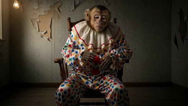 Unsettling primate in vintage clown attire contemplates in a dimly lit, dilapidated room, evoking eerie vibes and psychological themes