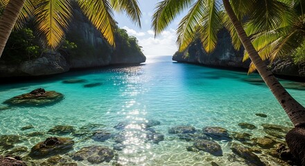 Crystal clear turquoise water in a tropical cove with palm trees and rocky cliffs beach ocean
