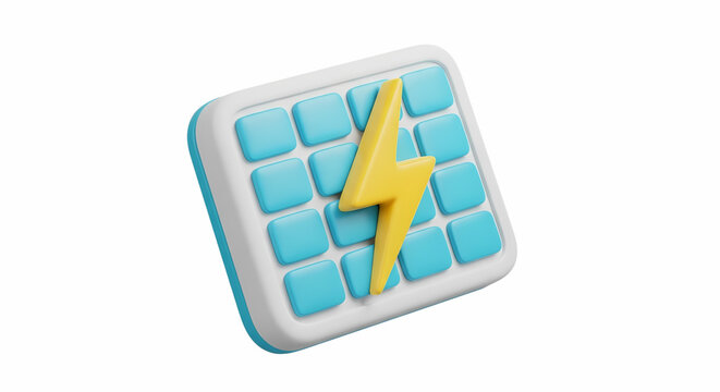 Bright 3D icon of a solar energy panel with a lightning bolt, emphasizing the essential concepts of sustainable power generation, eco-friendly electricity, and innovative renewable technology