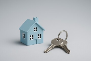 Small blue house model next to two silver keys
