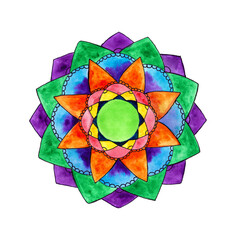 Mandala design in watercolor with different colors on textured paper