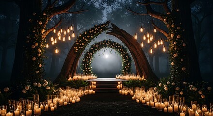Enchanting forest wedding archway adorned with flowers and illuminated by fairy lights and candles ceremony
