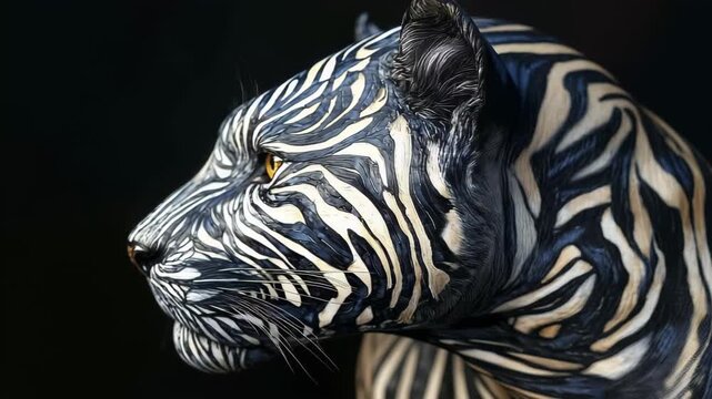 Unique tiger sculpture showcasing intricate striped patterns and lifelike features displayed against a dark background