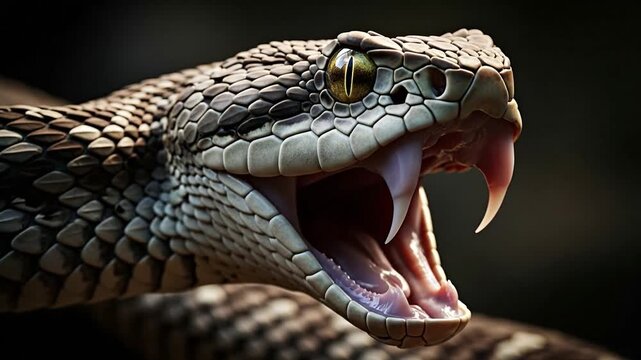 Fierce snake lunges, sharp fangs bared, scales detailed in dark mystery