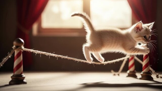 Brave kitten performs daring tightrope walk with intense focus, showcasing incredible balance and courage in a spotlight moment