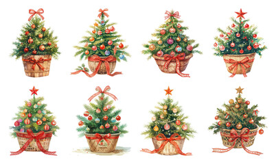 PNG Festive mini Christmas trees collection, element set on transparent background