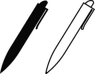 Black pen, pencil, writing instrument, and stationery icon set, minimalist office tool collection and education symbol group in flat and line style, isolated vector for design and print