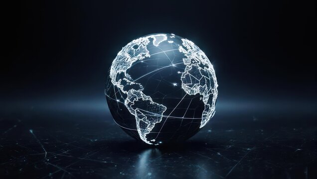 A glowing, digital globe with interconnected lines against a dark, techy background
