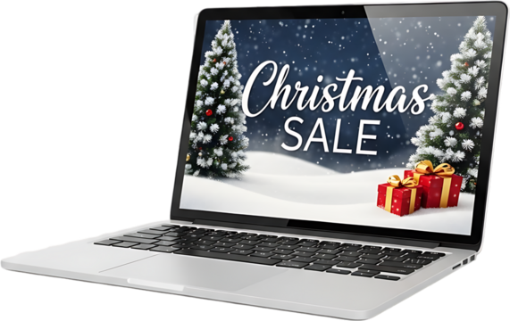 Elegant Christmas Sale Promotion on Laptop Screen with Festive Snowy Winter Landscape, Decorated Christmas Trees, and Gift Boxes for Holiday Marketing Campaigns and E-Commerce Advertising