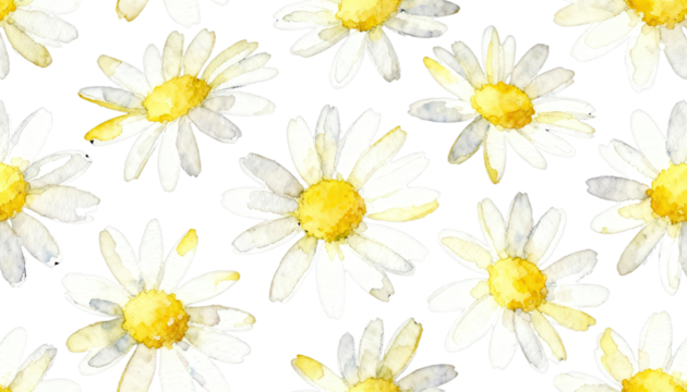 Seamless Watercolor Daisy Floral Pattern on White