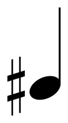 Black sharp note icon, vector design of musical note with sharp symbol for raised pitch, PNG with transparent background