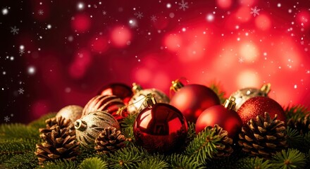 Festive christmas ornaments and pinecones adorn a snowy scene with red bokeh lights illustration