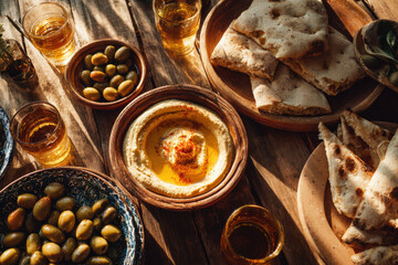 Hummus mit Oliven und Pita auf mediterranem Holztisch im Sonnenlicht