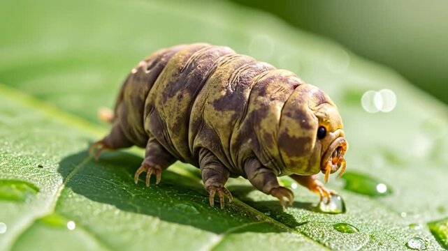 Tiny tardigrade marvels on green leaf, exploring nature's microscopic wonders.