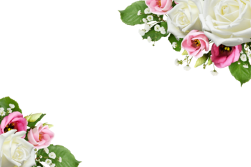 White roses, eustoma and gypsophila flowers in beautiful corner arrangements isolated on white or transparent background