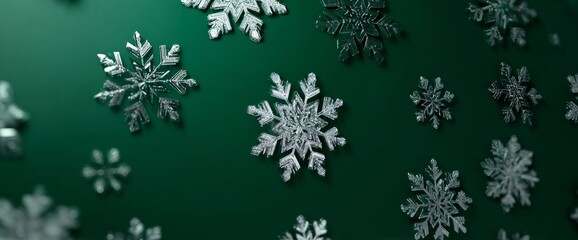 Snowflakes of various sizes drift across a deep green surface. The intricate designs of the snowflakes evoke a sense of winter magic, celebrating the holiday season