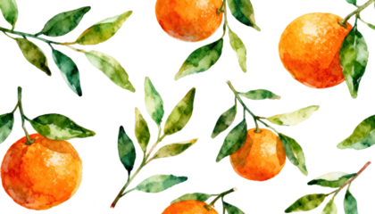 Watercolor Orange Fruit and Leaves Pattern on White Background