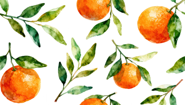 Watercolor Orange Fruit and Leaves Pattern on White Background