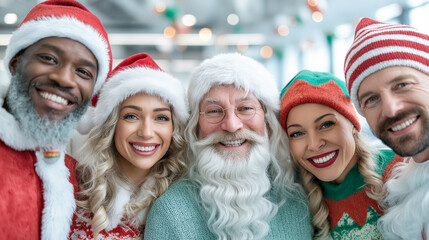 Cheerful group of people in Santa hats and Christmas sweaters smiling against a festive interior. Joyful holiday mood and friendly atmosphere.