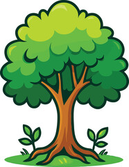Vibrant cartoon illustration of a large healthy deciduous tree with lush green foliage and visible roots