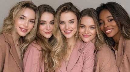 Obraz premium Five beautiful diverse women stand close together, sharing warm smiles and joyful expressions. They are dressed in soft pastel outfits, radiating friendship and confidence in a cozy indoor space