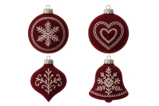 Christmas ornaments red velvet embroidery with snowflake heart bell and winter pattern on transparent background
