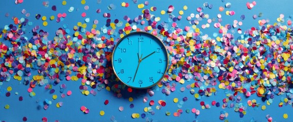 A vivid blue clock displays the time in the center of a scatter of colorful confetti. The backdrop is a solid blue, creating a festive atmosphere. This scene captures a celebratory mood