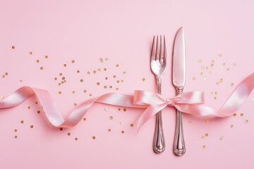 Elegant Table Setting with Silverware and Pink Ribbon for Holiday Celebrations