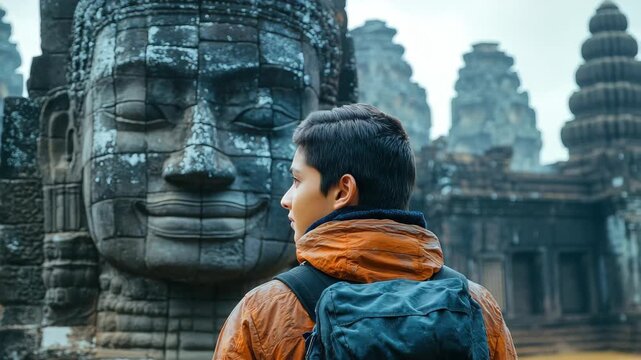 Visiting ancient stone faces at a temple in Cambodia during a misty morning exploration