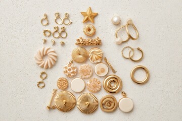 Collection of Elegant Gold and Cream Jewelry Pieces Arranged Artistically