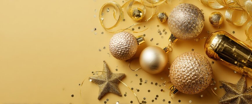 A collection of golden Christmas ornaments, including balls and stars, is elegantly displayed on a bright yellow surface. Shiny streamers and festive confetti add to the cheerful ambiance
