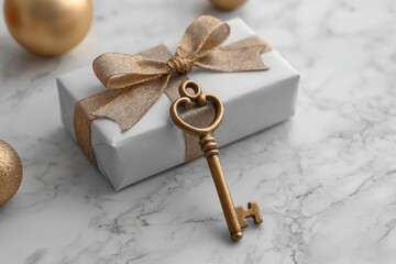 Decorative Christmas Gift with Golden Bow and Heart-Shaped Key on Marble Surface