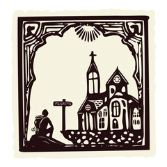 Simple pilgrim picture with church, pilgrimage route signpost and backpacker walker resting at sanctuary. Black and white icon for european sacred journey illustation badge. Great for passport stamp.