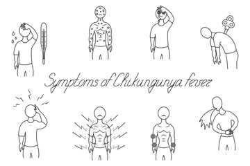 Chikungunya fever symptoms. Sketch. Italic text. Vector illustration. Doodle style. Medical theme.