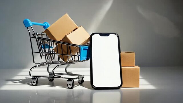 A modern smartphone with a blank white screen beside a miniature shopping cart full of brown boxes.
